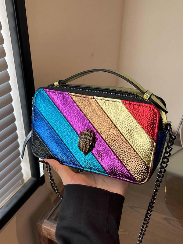 Fashionable Rainbow Striped Decorated Rhinestone Eagle Design Crossbody Bag, Casual PU Leather Zipper Shoulder Bag for Women, Trendy All-match Commuter Bag for Daily Used