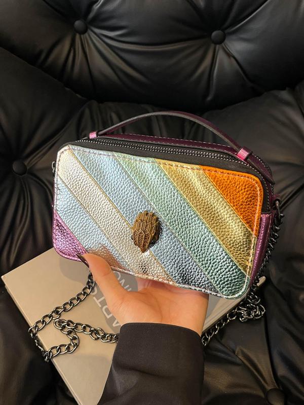 Fashionable Rainbow Striped Decorated Rhinestone Eagle Design Crossbody Bag, Casual PU Leather Zipper Shoulder Bag for Women, Trendy All-match Commuter Bag for Daily Used