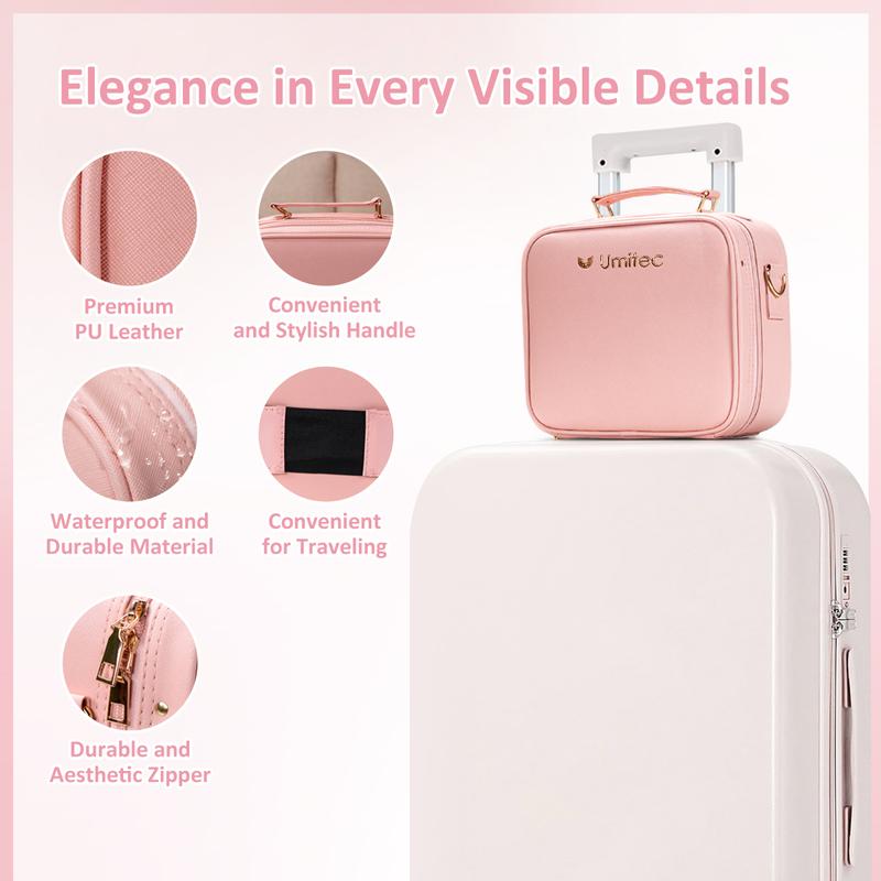 Portable Pink Makeup Bag with LED Mirror and Adjustable Brightness - Large Capacity Cosmetic Organizer Case with Detachable Storage Box and Brush Bag