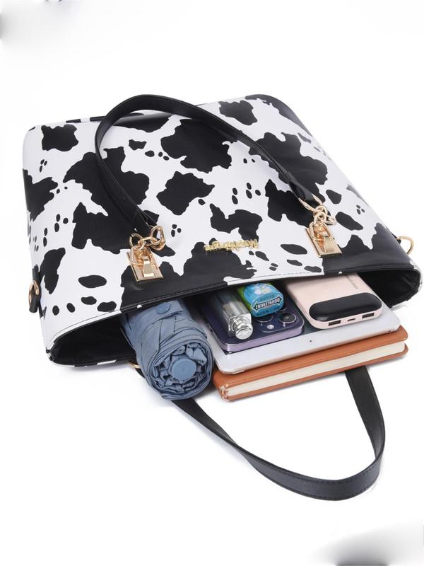 Women's Fashionable Cow Print Tote Bag & Crossbody Bag & Pouch & Wristlet & Wallet, Casual Trendy Versatile High-quality Daily Commuting Bag Set