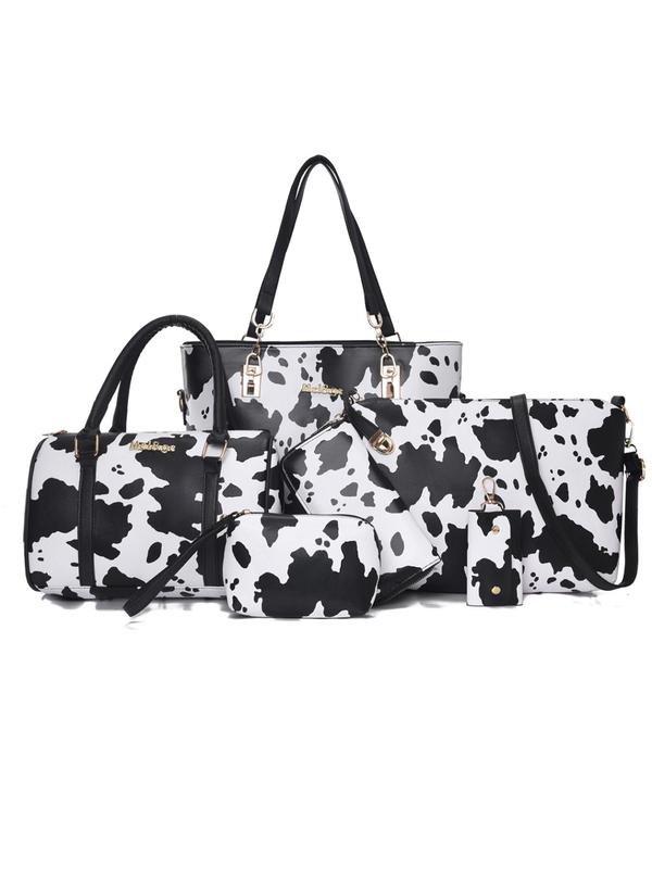 Women's Fashionable Cow Print Tote Bag & Crossbody Bag & Pouch & Wristlet & Wallet, Casual Trendy Versatile High-quality Daily Commuting Bag Set