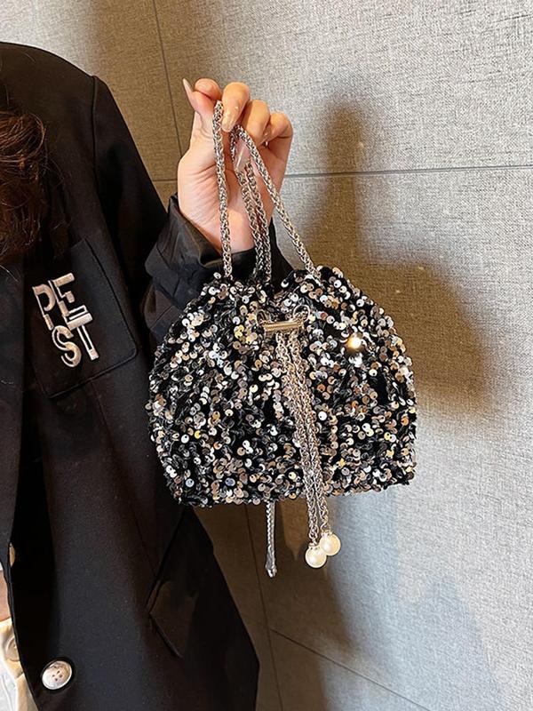 Women's Elegant Rhinestone Decorated Chain Strap Shoulder Bag, Exquisite Trendy Drawstring Design Crossbody Bag, Fashionable Bag for Party Decoration