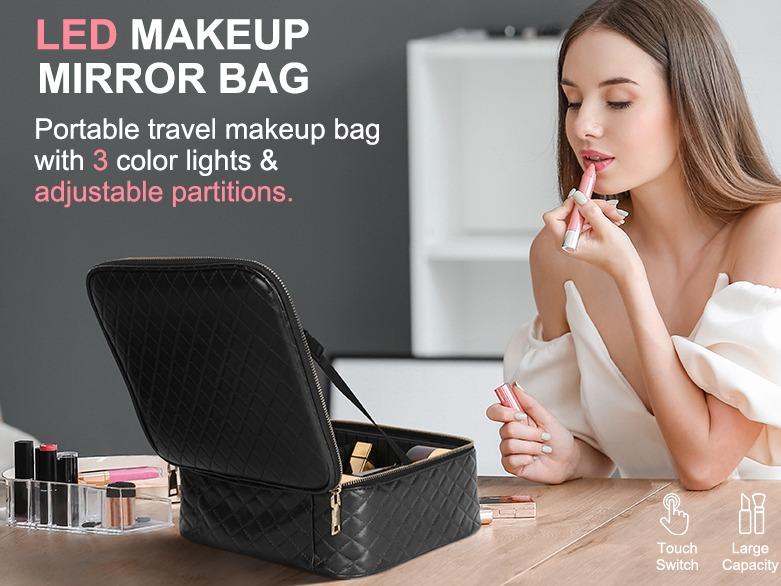 Travel Makeup Bag With Light Up Mirror, With 2X3X Magnifying Mirror And Adjustable Partitions, Portable Makeup Storage Box With 3 Color Lights For Cosmetics, Make-up Accessories, Black