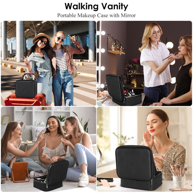 Travel Makeup Bag with LED Lighted Mirror, Adjustable Brightness in 3 Colors, Makeup Organizer Bag Waterproof Cosmetic Train Case