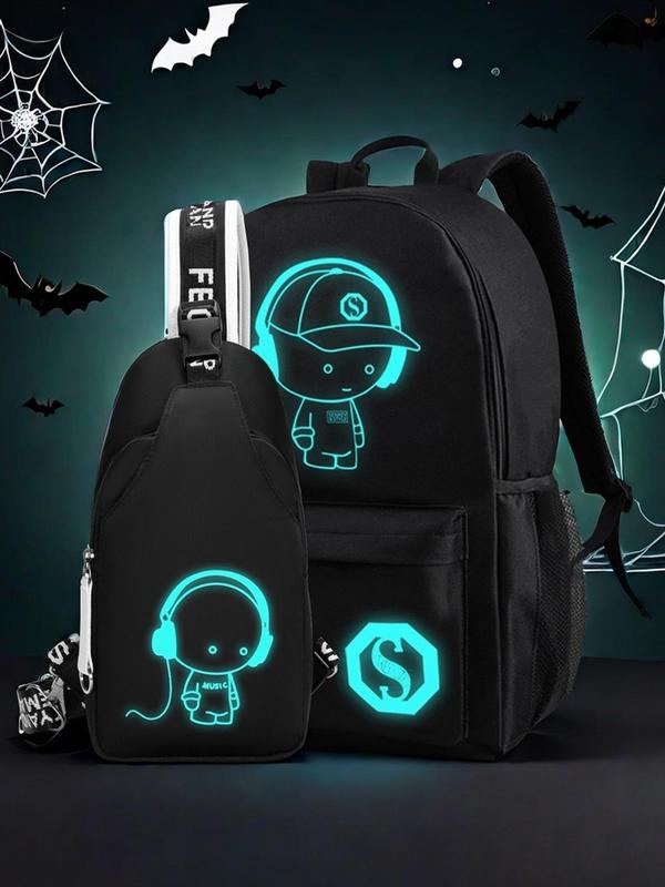 Men's Luminous Backpack & Chest Bag Set, Lightweight Large Capacity Backpack & Sling Bag, Fashionable Backpack Set for School & Travel