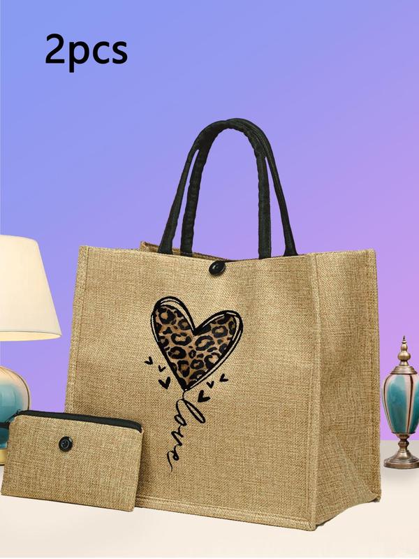 Leopard Heart Pattern Tote Bag & Wallet Set (2pcs), Casual Large Capacity Shoulder Bag with Small Zipper Bag for Women & Girls, Trendy Versatile High-quality Daily Commuting Bag