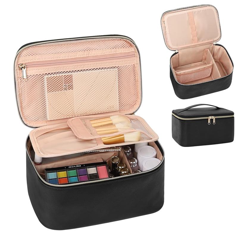 Makeup Bag, Portable Cosmetic Bag, Large Capacity Travel Makeup Case Organizer, Black For Women Toiletry Bag for Girls Traveling With Handle and Divider