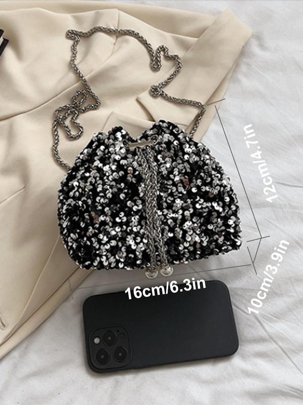 Women's Elegant Rhinestone Decorated Chain Strap Shoulder Bag, Exquisite Trendy Drawstring Design Crossbody Bag, Fashionable Bag for Party Decoration