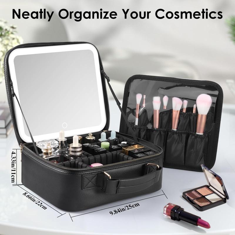 Travel Makeup Bag with LED Lighted Mirror, Adjustable Brightness in 3 Colors, Makeup Organizer Bag Waterproof Cosmetic Train Case