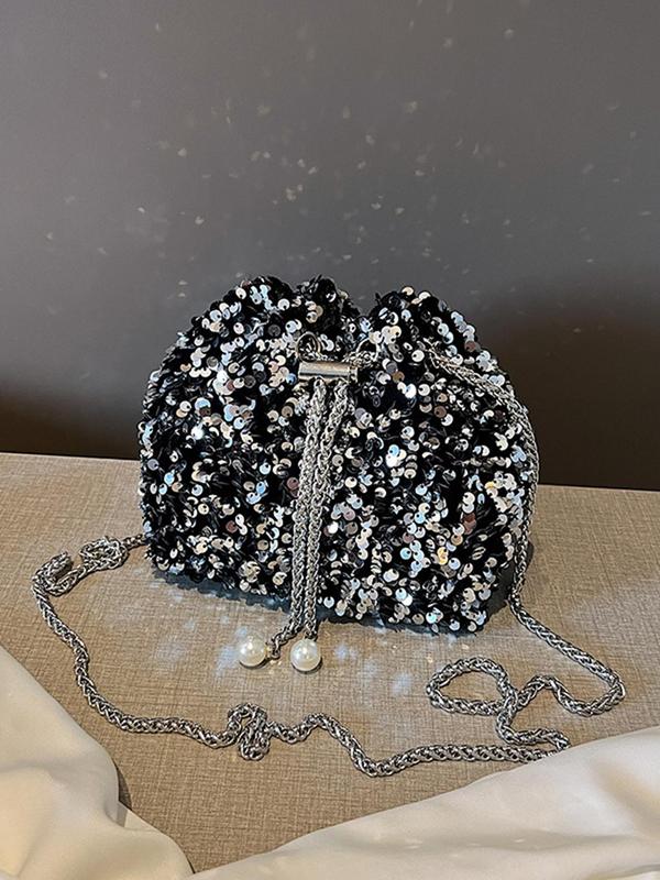 Women's Elegant Rhinestone Decorated Chain Strap Shoulder Bag, Exquisite Trendy Drawstring Design Crossbody Bag, Fashionable Bag for Party Decoration