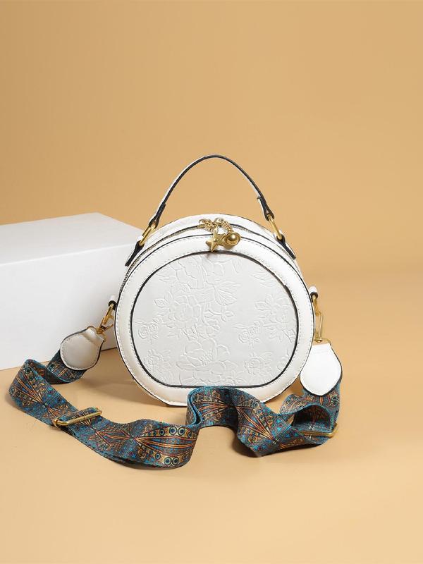 Women's Fashionable Vintage Flower Pattern Handbag, Casual PU Leather Zipper Round Bag for Daily Used, Trendy Versatile High-quality Daily Commuting Bag