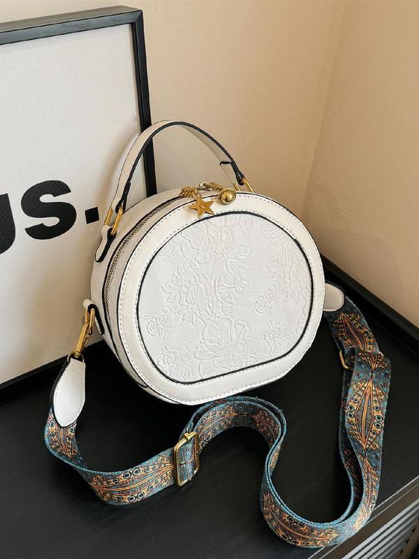 Women's Fashionable Vintage Flower Pattern Handbag, Casual PU Leather Zipper Round Bag for Daily Used, Trendy Versatile High-quality Daily Commuting Bag