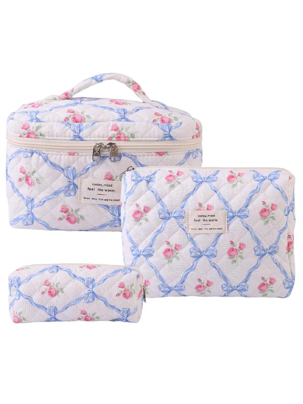 Floral Pattern Makeup Bag Set, 3counts set Portable Cosmetic Storage Bag, Zipper Makeup Organizer Pouch, Versatile Storage Bag for Skincare, Stationery, Travel Toiletry Bag