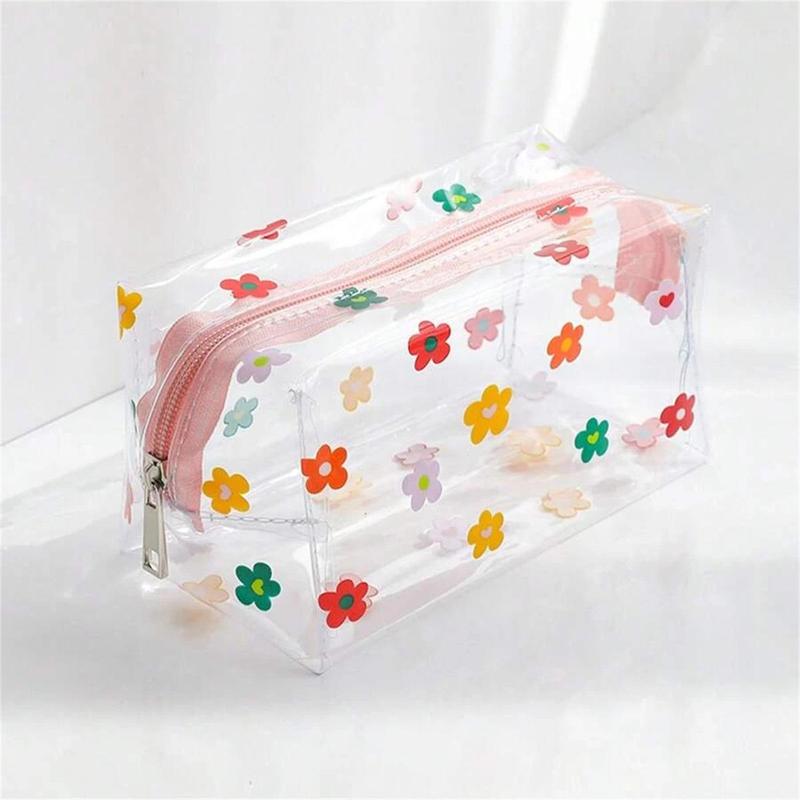 Flower Pattern Clear Makeup Bag, Portable Cosmetic Storage Bag, Zipper Makeup Organizer Pouch, Versatile Storage Organizer Bag for Skincare, Lotion, Cream, Lip Balm, Eyeliners, Stationery