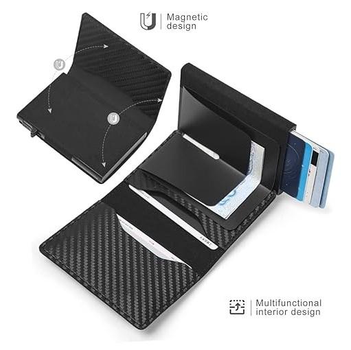 Mens Smart Wallet Card Holder: Leather, RFID Blocking, Slim, Carbon Fiber, Minimalist - 9-14 Card Capacity | ID Window | Cash Slot (Black)