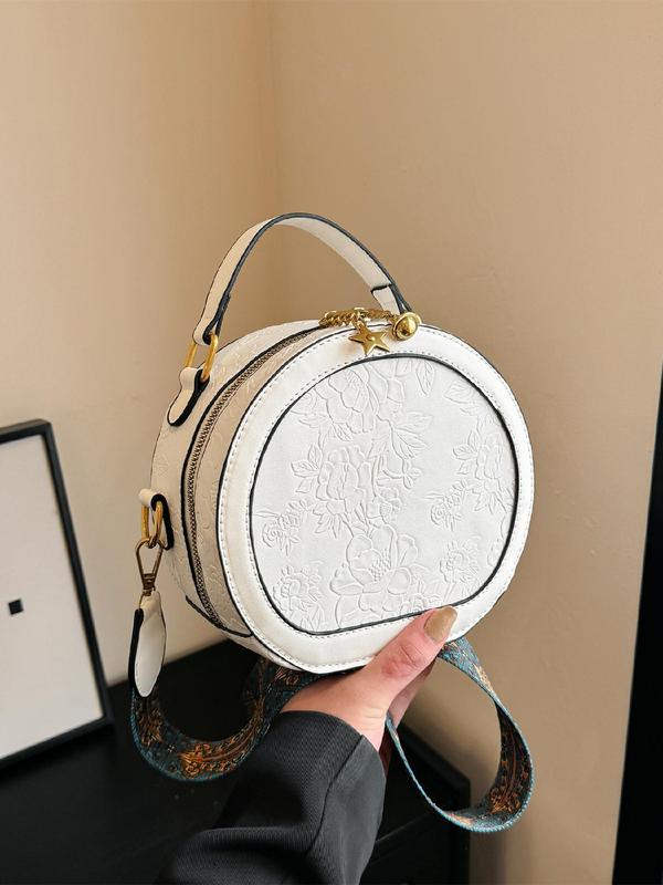 Women's Fashionable Vintage Flower Pattern Handbag, Casual PU Leather Zipper Round Bag for Daily Used, Trendy Versatile High-quality Daily Commuting Bag