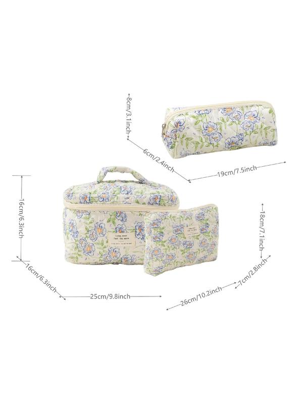 Floral Pattern Makeup Bag Set, 3counts set Portable Cosmetic Storage Bag, Zipper Makeup Organizer Pouch, Versatile Storage Bag for Skincare, Stationery, Travel Toiletry Bag