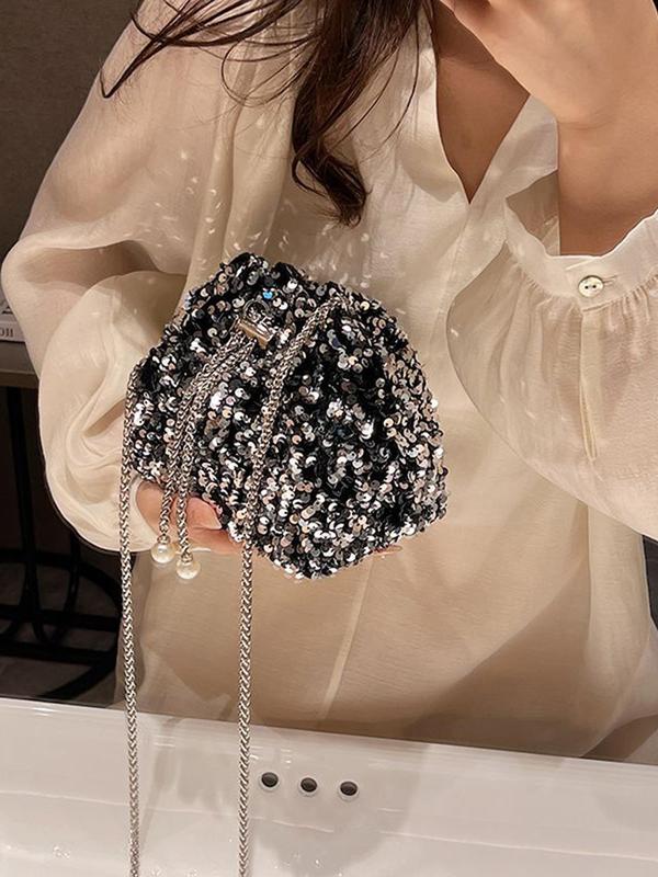 Women's Elegant Rhinestone Decorated Chain Strap Shoulder Bag, Exquisite Trendy Drawstring Design Crossbody Bag, Fashionable Bag for Party Decoration