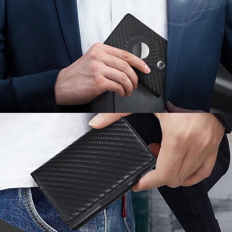 Mens Smart Wallet Card Holder: Leather, RFID Blocking, Slim, Carbon Fiber, Minimalist - 9-14 Card Capacity | ID Window | Cash Slot (Black)