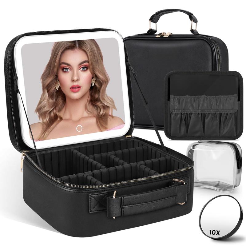 Travel Makeup Bag with LED Lighted Mirror, Adjustable Brightness in 3 Colors, Makeup Organizer Bag Waterproof Cosmetic Train Case