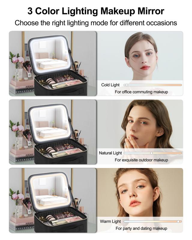 Travel Make-up Case with LEDMirror with 3-colour LED Lighted AdjustableDividers,Make-up Case with Mirror Make-upBags mutipul colore