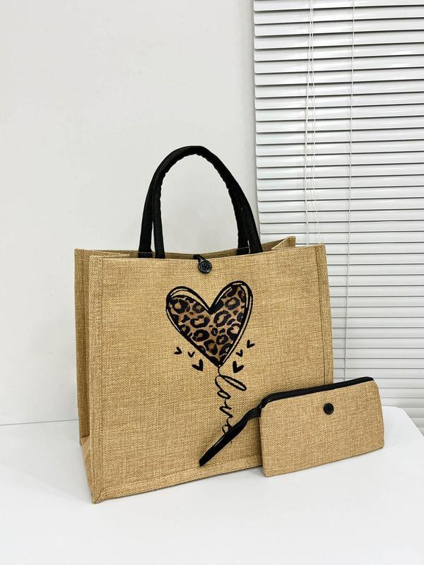 Leopard Heart Pattern Tote Bag & Wallet Set (2pcs), Casual Large Capacity Shoulder Bag with Small Zipper Bag for Women & Girls, Trendy Versatile High-quality Daily Commuting Bag