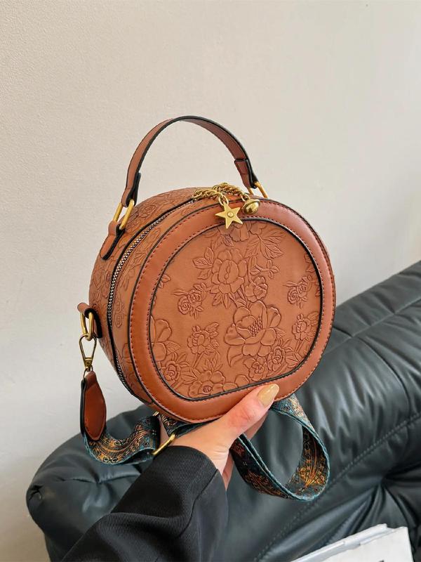 Women's Fashionable Vintage Flower Pattern Handbag, Casual PU Leather Zipper Round Bag for Daily Used, Trendy Versatile High-quality Daily Commuting Bag