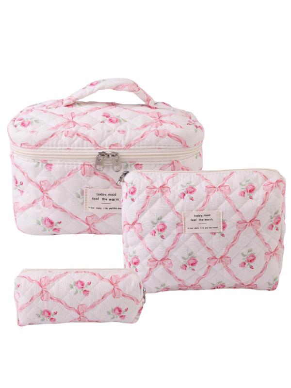 Floral Pattern Makeup Bag Set, 3counts set Portable Cosmetic Storage Bag, Zipper Makeup Organizer Pouch, Versatile Storage Bag for Skincare, Stationery, Travel Toiletry Bag