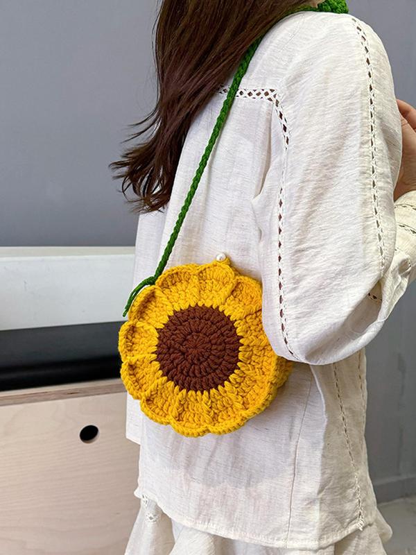 Women's Cute Sunflower Design Crochet Crossbody Bag, Fashionable Knitted Crossbody Bag for Daily Used, Casual Trendy Versatile High-quality Daily Commuting Bag