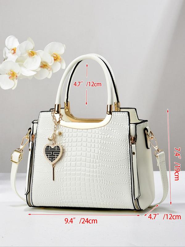 Fashionable Embossed Handbag with Heart Charm, Designer Plain Color Designer Crossbody Bag for Women & Girls Gifts, Casual Trendy Versatile Commuting Bag for Daily Use