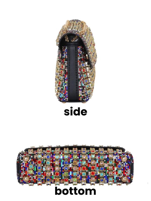 Women's Colorblock Rhinestone Decorated Crossbody Bag, Fashionable Chain Strap Shoulder Bag for Daily Commute, Casual Trendy Versatile High-quality Daily Commuting Bag