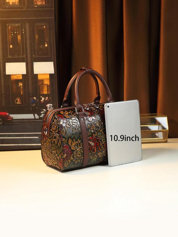 Women's Floral Embossed Boston Bag, Fashionable Large Capacity Shoulder Bag for Daily Used, Casual Trendy Versatile High-quality Daily Commuting Bag