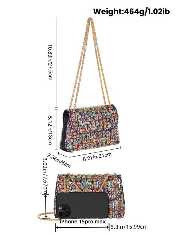 Women's Colorblock Rhinestone Decorated Crossbody Bag, Fashionable Chain Strap Shoulder Bag for Daily Commute, Casual Trendy Versatile High-quality Daily Commuting Bag