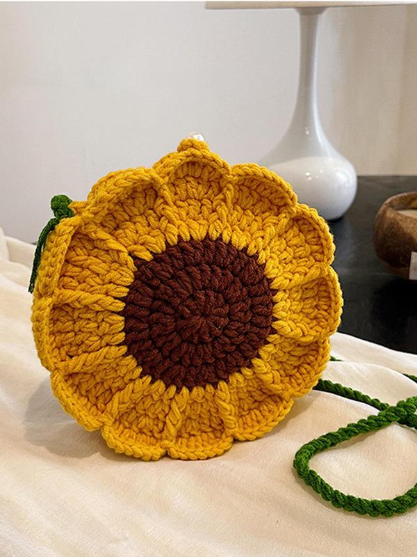 Women's Cute Sunflower Design Crochet Crossbody Bag, Fashionable Knitted Crossbody Bag for Daily Used, Casual Trendy Versatile High-quality Daily Commuting Bag