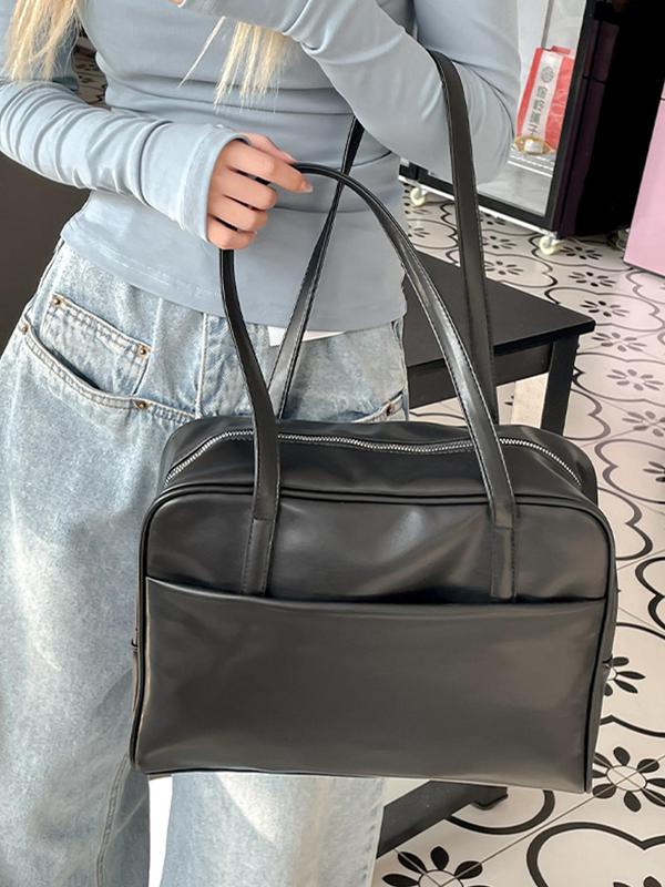 Women's Solid Color Tote Bag, Fashionable PU Leather Zipper Shoulder Bag for Daily Used, Casual Trendy Versatile High-quality Daily Commuting Bag