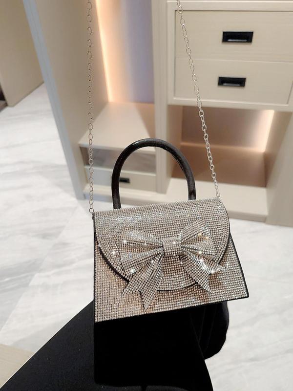 Elegant Rhinestone Bow Decor Glittery Top Handle Flap Clutch with Chain Strap, Women's Evening Bags for Party Wedding