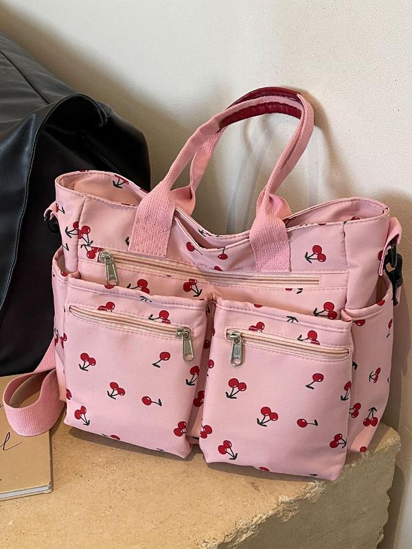 Random Cherry Print Tote Bag, Summer 2024 New Style Fashionable Casual Commuter Shoulder Bag, Versatile Zipper Shoulder Bag for Women & Girls for Back To School As Gifts