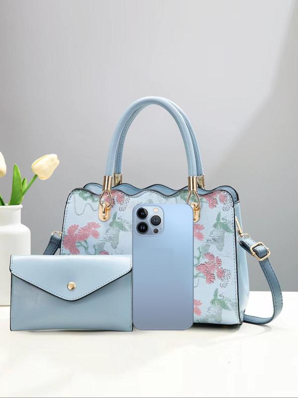 Women's Fashionable Floral Embroidering Design Bag Set, Casual Versatile Large Capacity Shoulder Bag & Wallet, Trendy All-match Bag Set for Daily Use