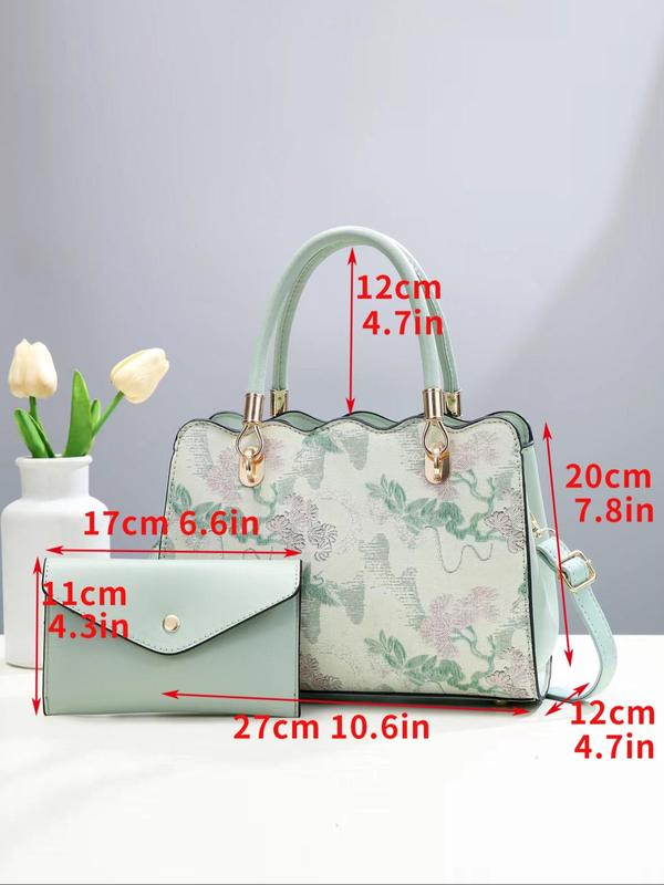 Women's Fashionable Floral Embroidering Design Bag Set, Casual Versatile Large Capacity Shoulder Bag & Wallet, Trendy All-match Bag Set for Daily Use