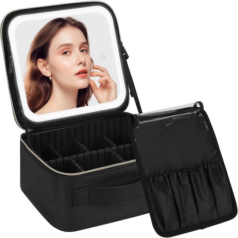 Portable Makeup Bag with LED Makeup Mirror, Large Capacity Cosmetic Storage Box with LED Light Mirror, Travel Makeup Bag for Christmas Gift, Makeup Organizer, Makeup Accessories, Mirror LED, Vanity Mirror