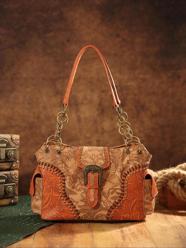 Fashion Vintage Floral Embossed Buckle Decorated Square Bag,  Casual Shoulder Bag for Women, All-match Handbag for Daily Used