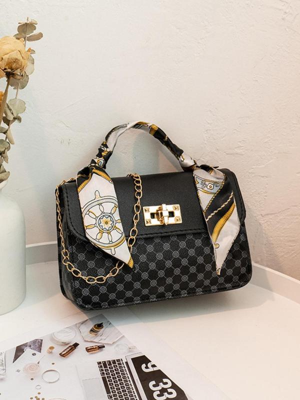 Fashionable All-match All Over Print Handbag with Bag Scarf Decor, Stylish Chain Strap Crossbody Bag, New Fashion Designer Bag for Women