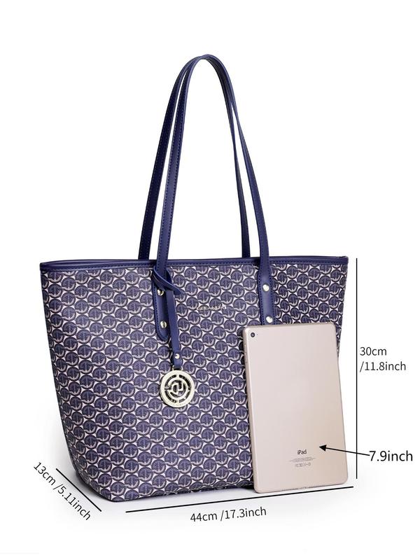 Women's Fashionable Geometric Pattern Tote Bag with Charm, Casual Large Capacity Shoulder Bag for Work & Daily Used, Trendy All-match Bag for Commuters and Students