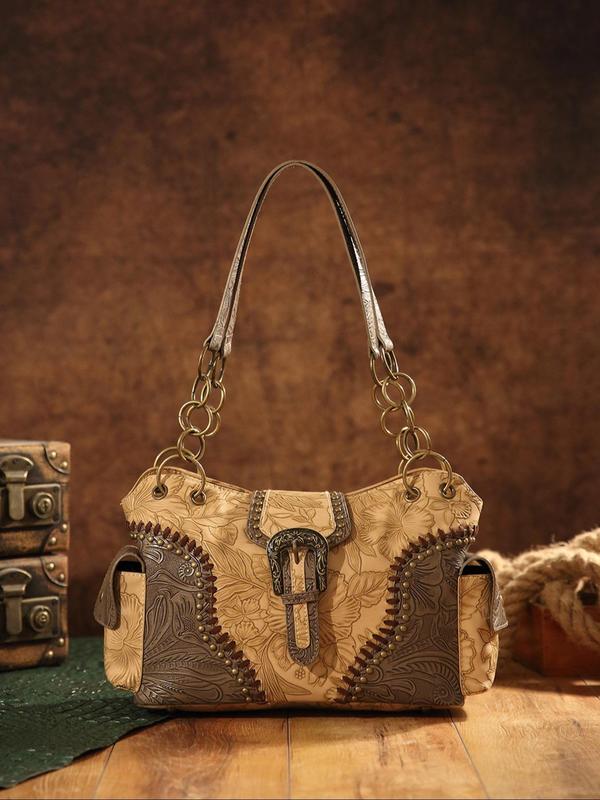 Fashion Vintage Floral Embossed Buckle Decorated Square Bag,  Casual Shoulder Bag for Women, All-match Handbag for Daily Used