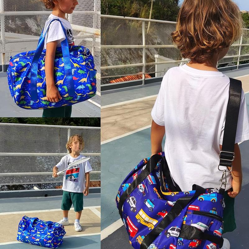 Kids Duffel Overnight Bag Boys Girls Weekender Carry-On Personalized Tote for Travel Gym Sport (Dinosaur-Dark Blue) 18.1