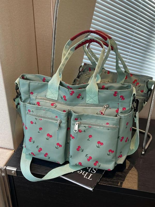 Random Cherry Print Tote Bag, Summer 2024 New Style Fashionable Casual Commuter Shoulder Bag, Versatile Zipper Shoulder Bag for Women & Girls for Back To School As Gifts