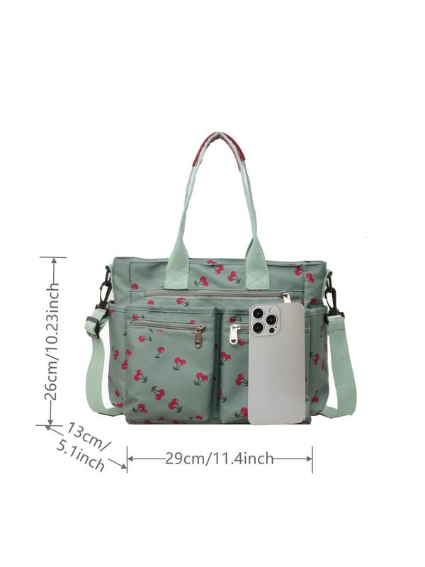 Random Cherry Print Tote Bag, Summer 2024 New Style Fashionable Casual Commuter Shoulder Bag, Versatile Zipper Shoulder Bag for Women & Girls for Back To School As Gifts