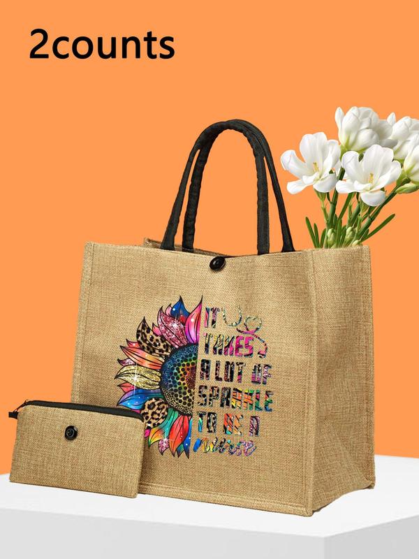 Sunflower & Letter Pattern Linen Tote Bag Set, Large Capacity Travel Shoulder Bag & Wallet, Casual Versatile Bag Set for Women & Girls