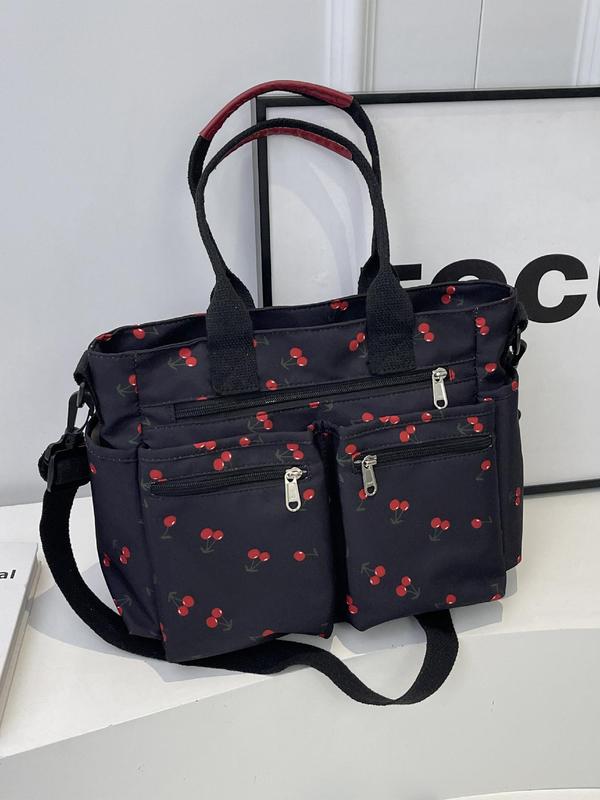 Random Cherry Print Tote Bag, Summer 2024 New Style Fashionable Casual Commuter Shoulder Bag, Versatile Zipper Shoulder Bag for Women & Girls for Back To School As Gifts