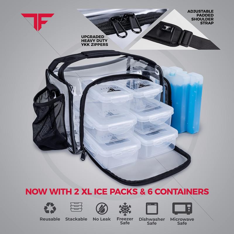 ThinkFit Clear Meal Prep Lunch Bag for High Security with 6 Containers, Ice Packs, Shaker Cup and More!